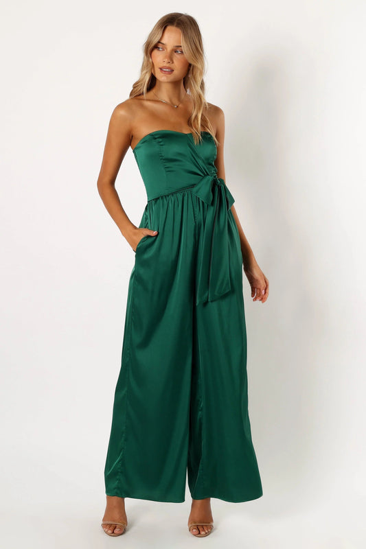 Sweetheart Shirred Strapless Satin Jumpsuit