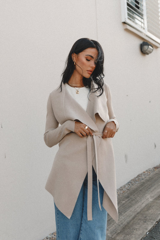 Waterfall-Waist Tie-Front Knit Cardigan